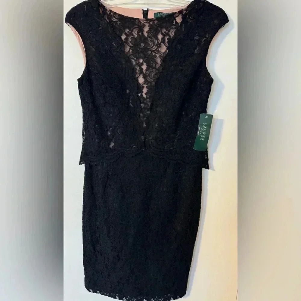 Lauren Ralph Lauren Black Lace Illusion Scalloped Trim Cocktail Dress Size 10